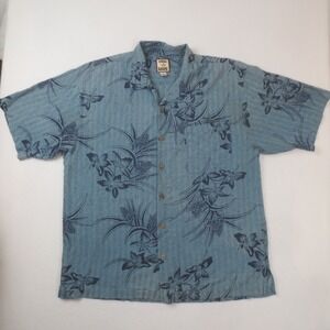 Tommy Bahama Shirt Mens Large Blue Floral Silk Hawaiian Short Sleeve Button Up